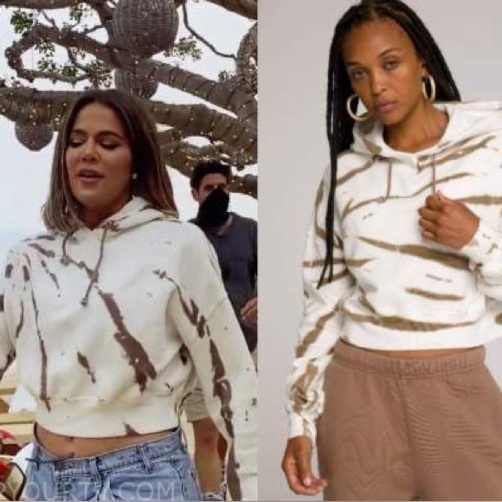 Good American Brown and White Cropped Graphic Hoodie